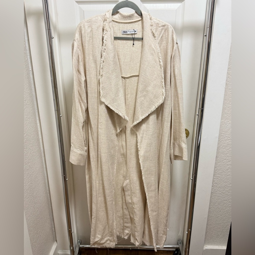 ZARA Cream Linen Frayed Edge Duster Coat